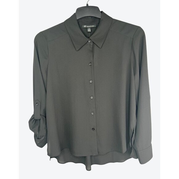 INC International Concepts Military Deep Black Womens Button-Up Blouse Medium - Picture 1 of 15